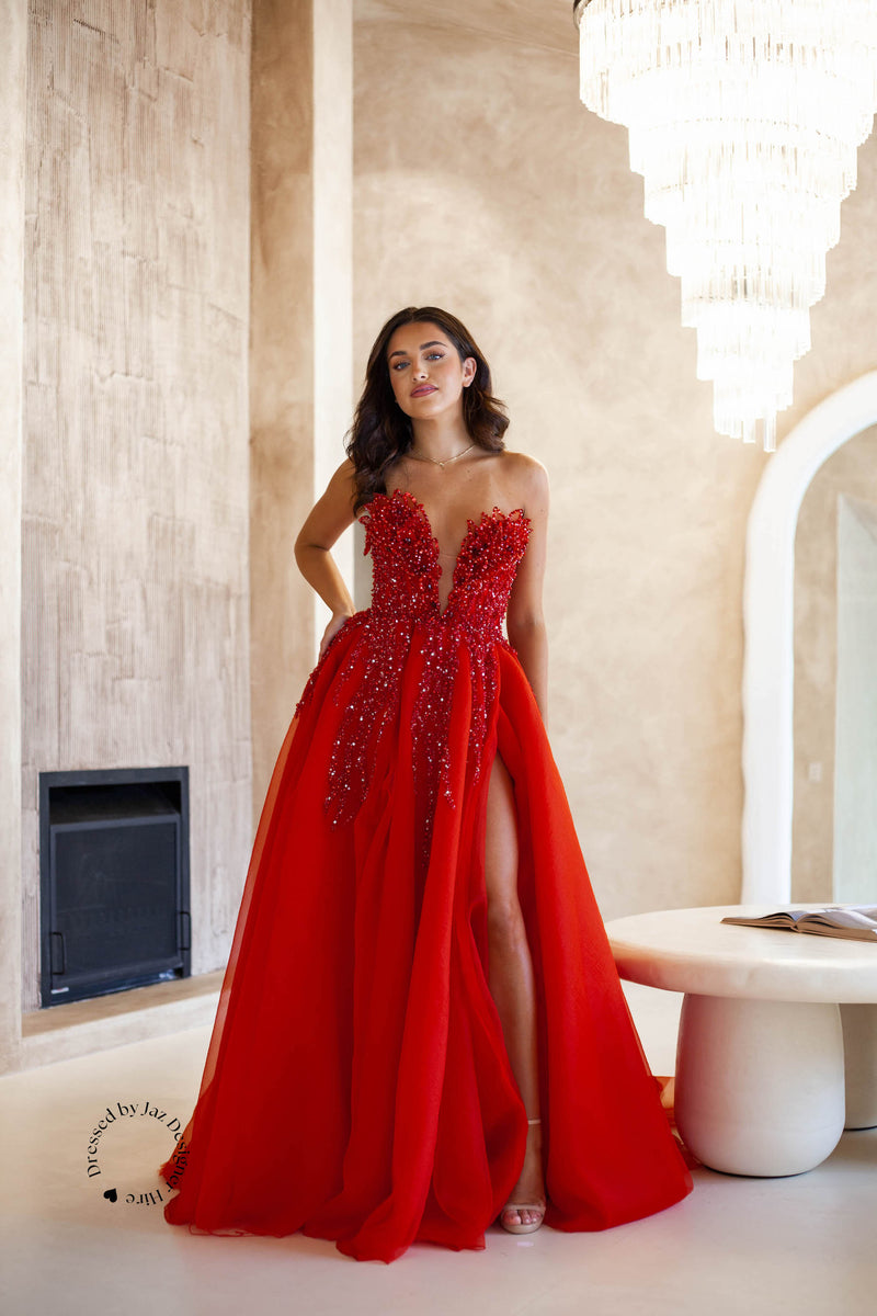 Albina Dyla red ball gown