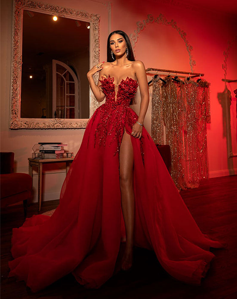 Albina Dyla red dress hire